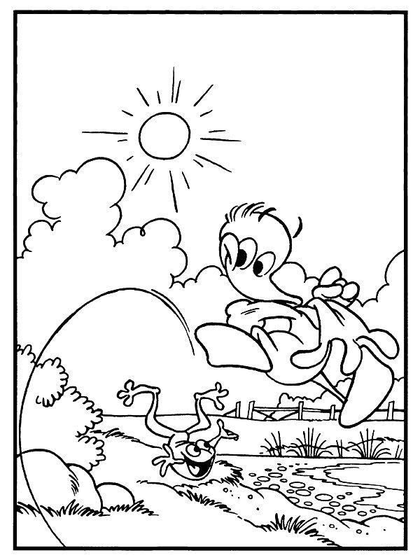 Ausmalbild Alfred Jodocus Kwak spielt mit Frosch  