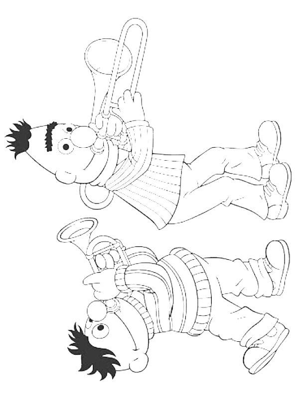 Ausmalbild Bert und Ernie spielen Trompete  