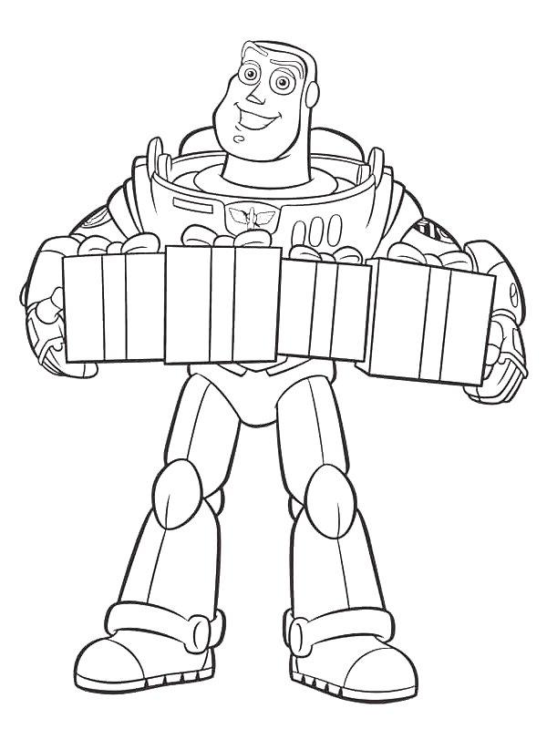 Ausmalbild Buzz Lightyear mit Geschenken  
