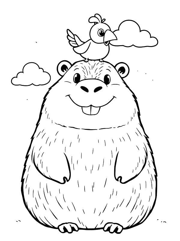 Ausmalbild Capybara mit einem Vogel auf dem Kopf  