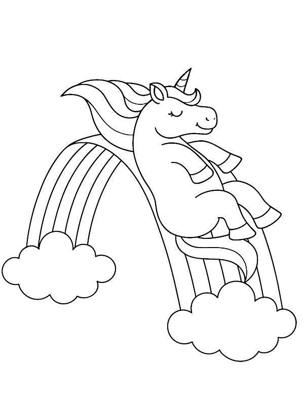 Ausmalbild Das Einhorn gleitet über den Regenbogen  