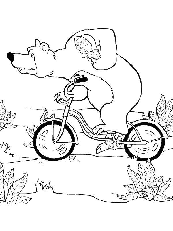 Ausmalbild Der Bär und Mascha auf dem Fahrrad  