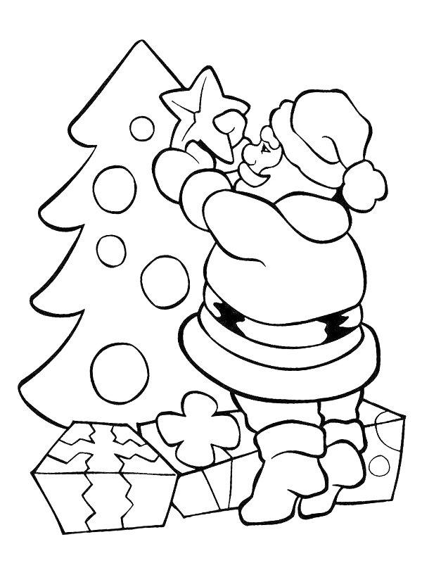Ausmalbild Der Weihnachtsmann schmückt den Weihnachtsbaum  