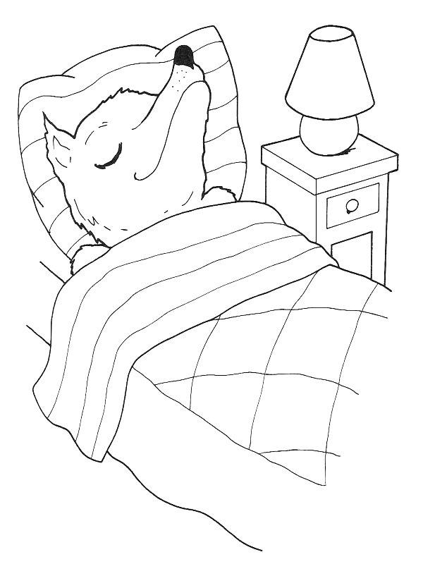 Ausmalbild Der Wolf liegt im Bett  