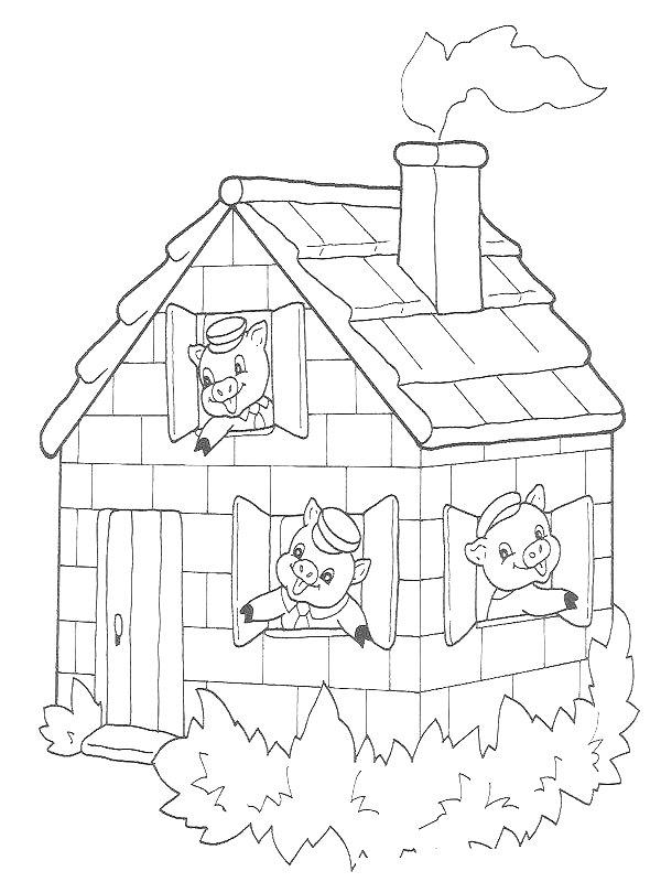 Ausmalbild Die drei Schweinchen im Haus  