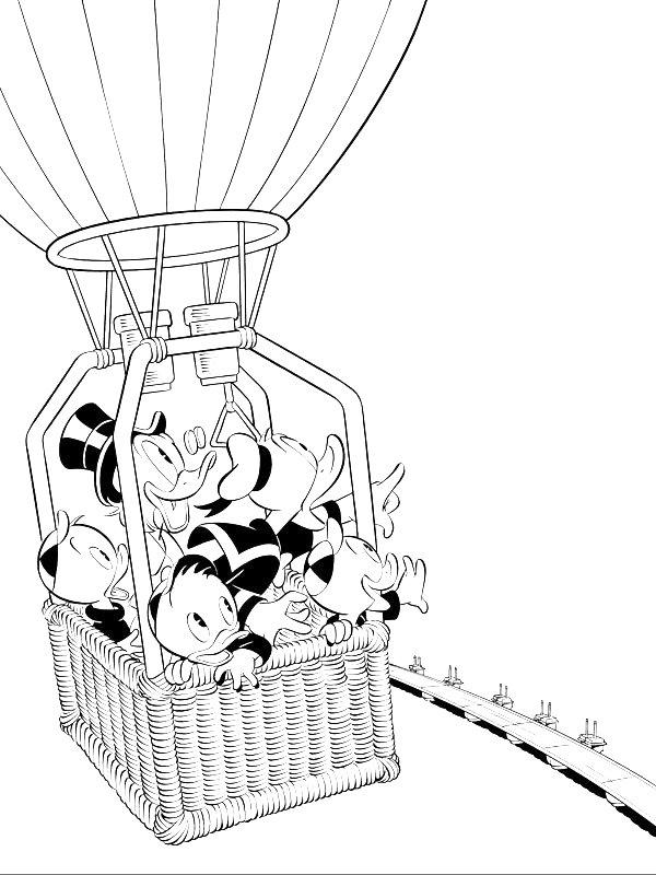 Ausmalbild Donald, Dagobert und Tick, Trick und Track in einem Ballon  