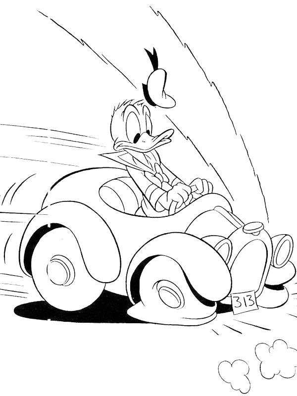 Ausmalbild Donald Duck bremst mit Auto  