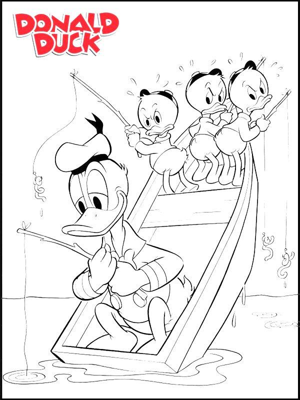 Ausmalbild Donald Duck, Tick, Trick und Track angeln  