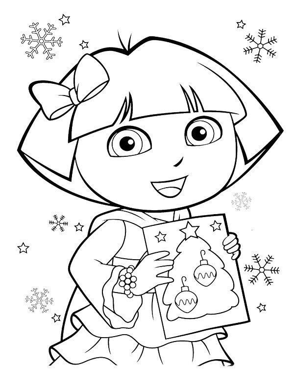 Ausmalbild Dora mit Weihnachtskarte  