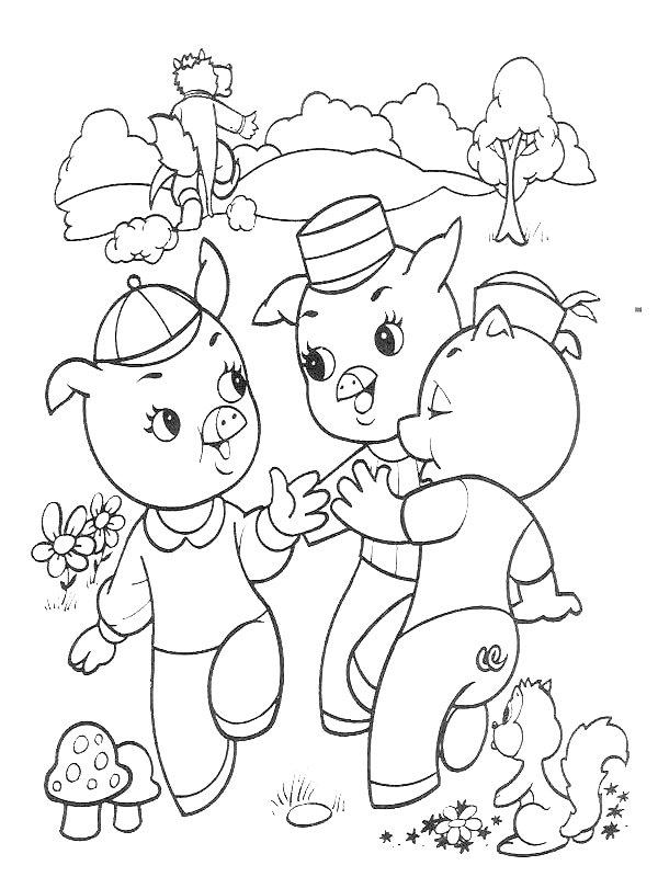 Ausmalbild Drei kleine Schweinchen und der Wolf  