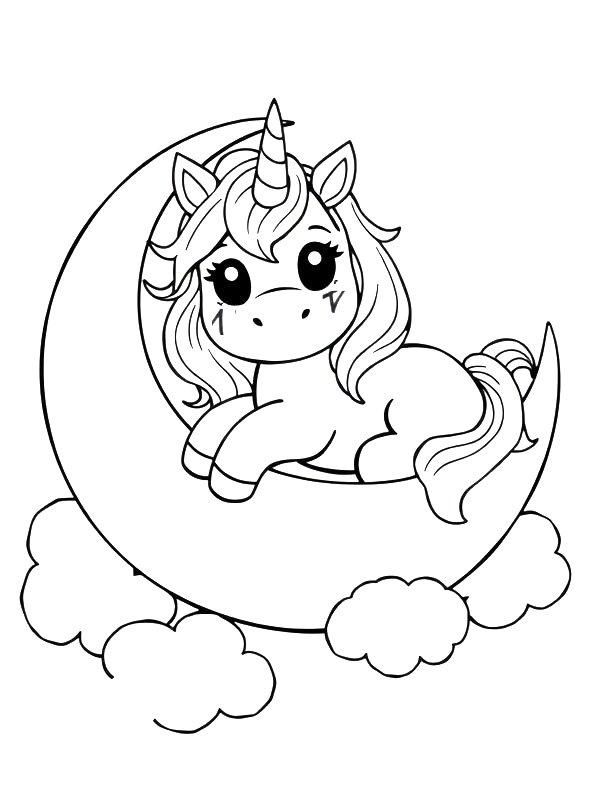 Ausmalbild Einhorn schläft auf dem Mond  