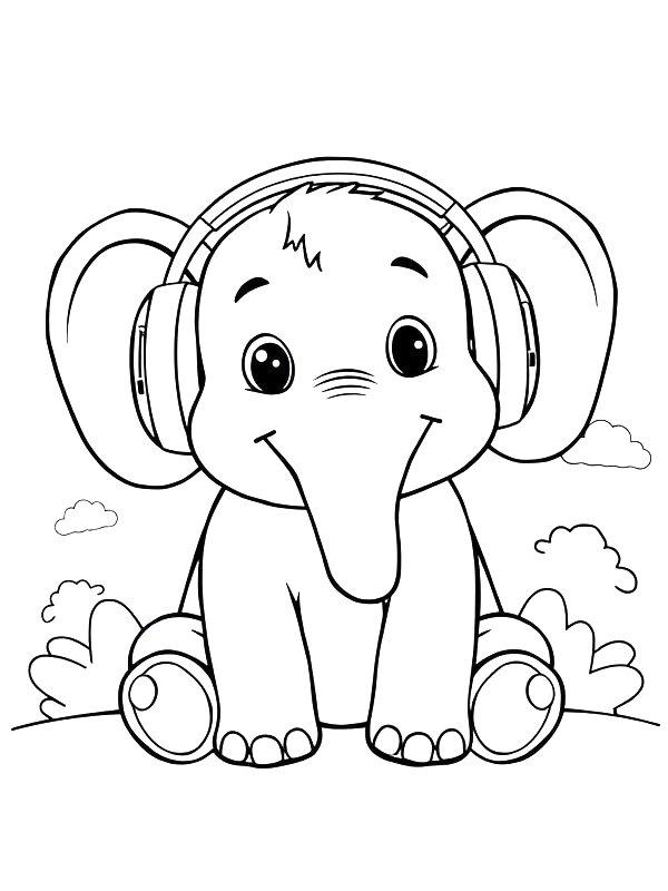 Ausmalbild Elefant mit Kopfhörern  