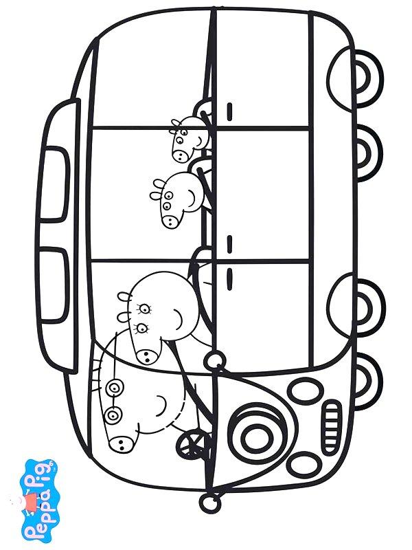 Ausmalbild Familie Peppa Pig im Bus  