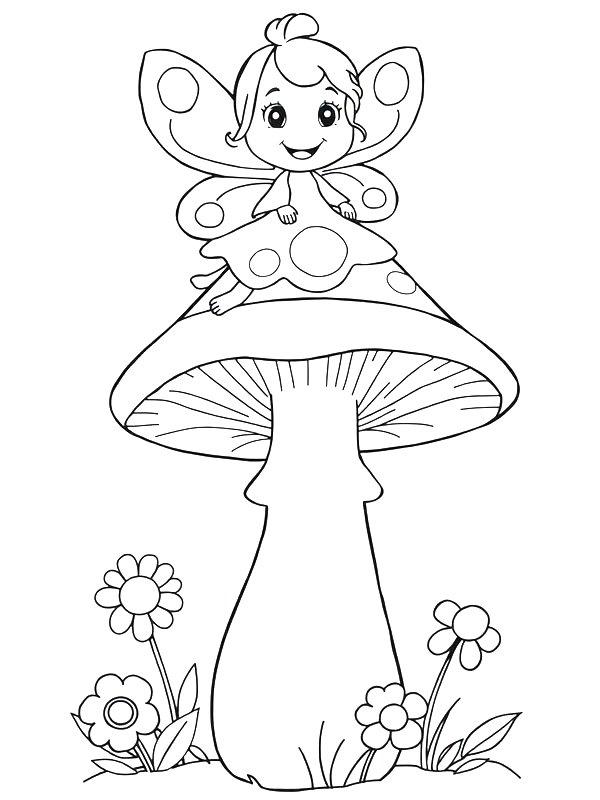 Ausmalbild Fee auf einem Pilz  