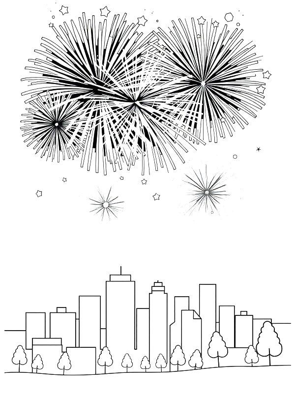 Ausmalbild Feuerwerk in der Stadt  
