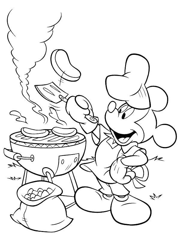 Ausmalbild Grillen mit Micky Maus  