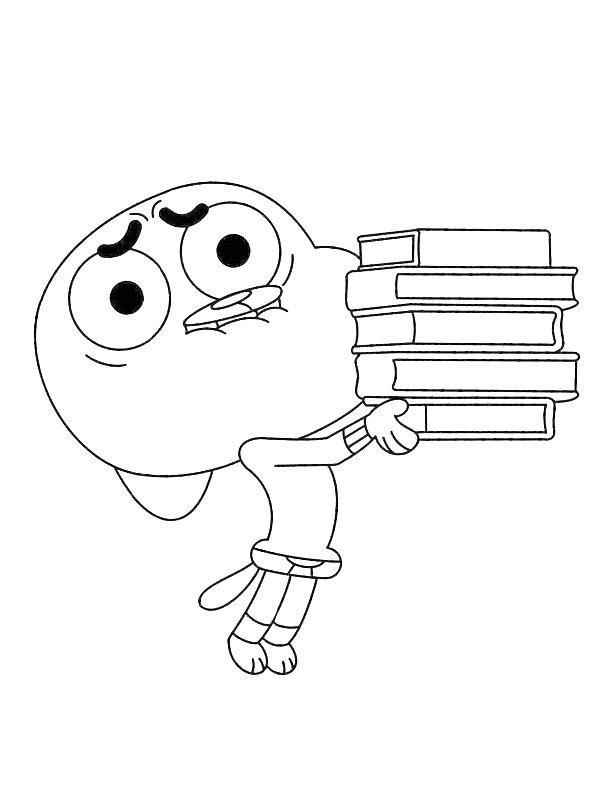Ausmalbild Gumball mit Büchern  
