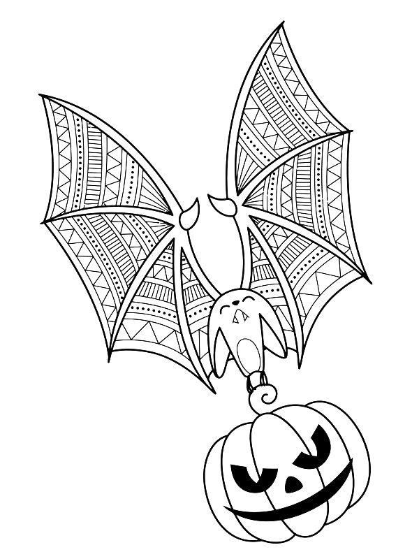 Ausmalbild Halloween-Fledermaus fliegt mit einem Kürbis  