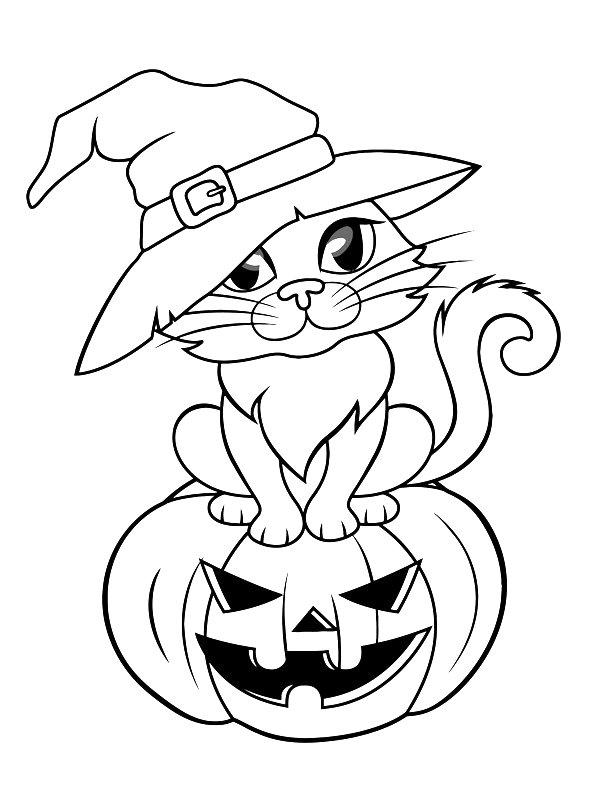 Ausmalbild Halloween-Katze in einem Hexenhut  