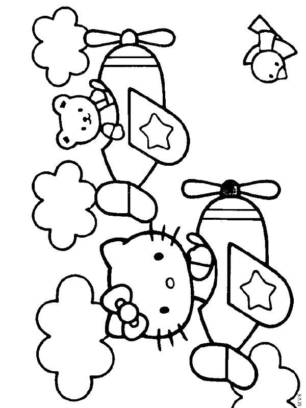 Ausmalbild Hello Kitty im Flugzeug  