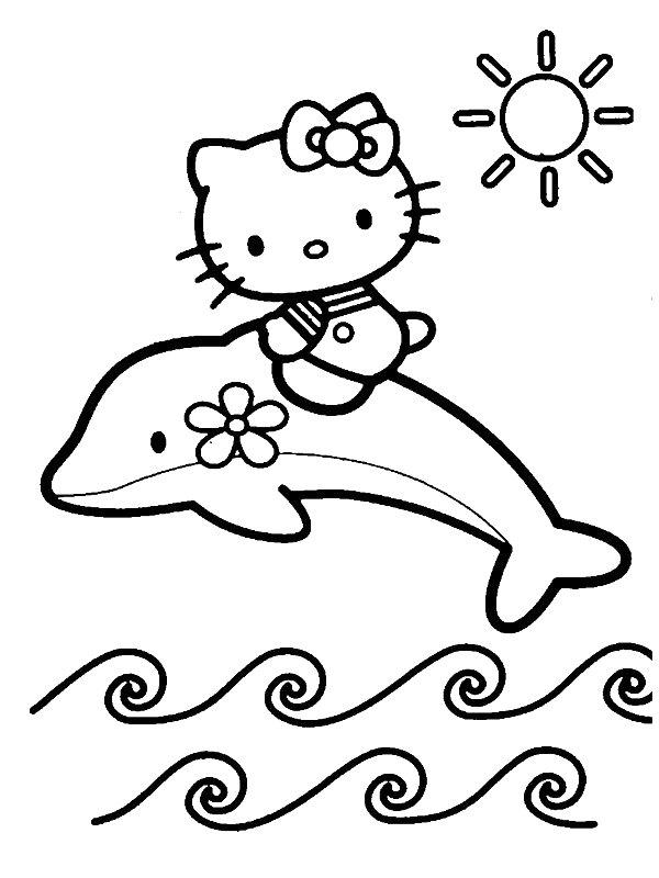 Ausmalbild Hello Kitty reitet einen Delphin  