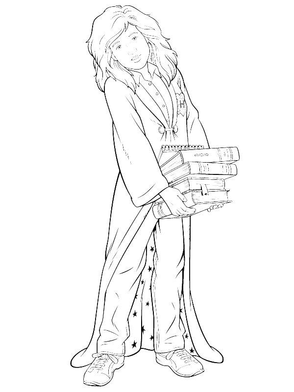 Ausmalbild Hermine Granger mit Büchern  