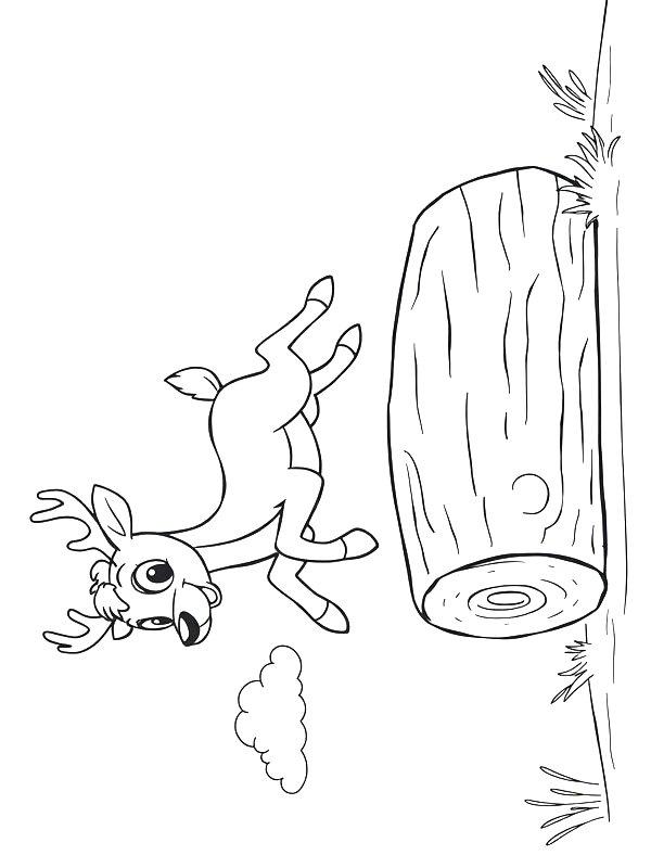 Ausmalbild Hirsch springt über einen Baumstamm  
