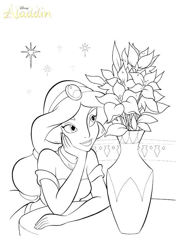 Ausmalbild Jasmin schaut zu einer Blumenvase  