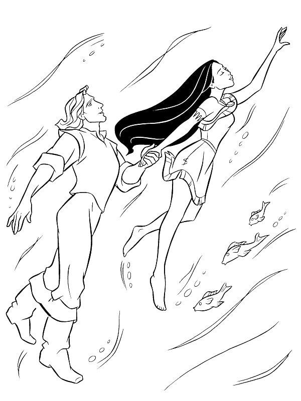 Ausmalbild John Smith und Pocahontas im Wasser  