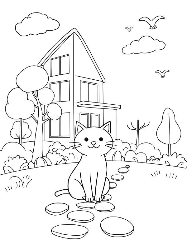 Ausmalbild Katze im Garten  