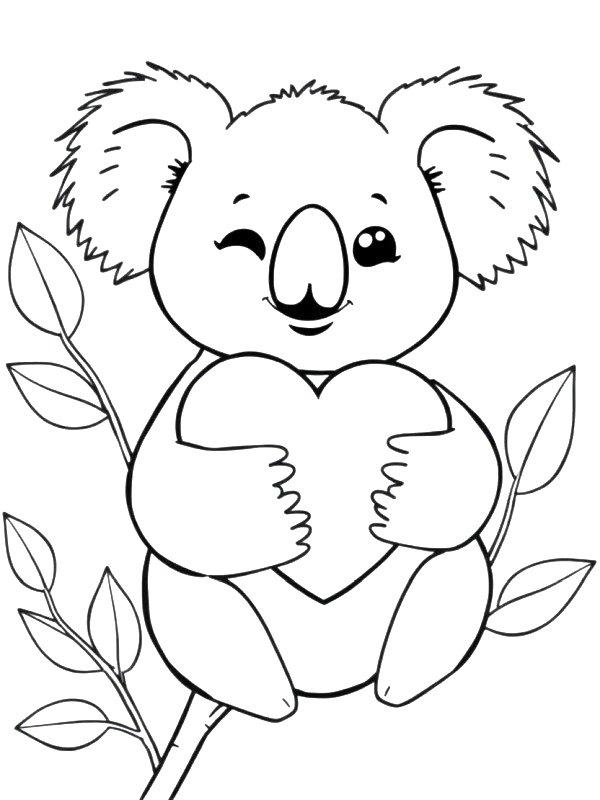 Ausmalbild Kawaii Koala hält ein Herz fest  
