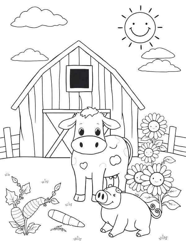 Ausmalbild Kuh und Schwein auf dem Bauernhof  