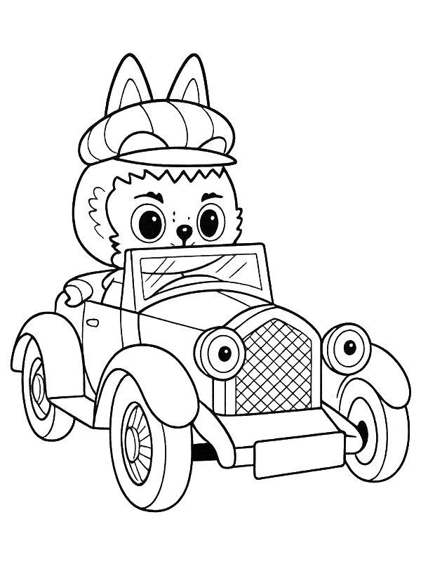 Ausmalbild Labubu in einem Auto  