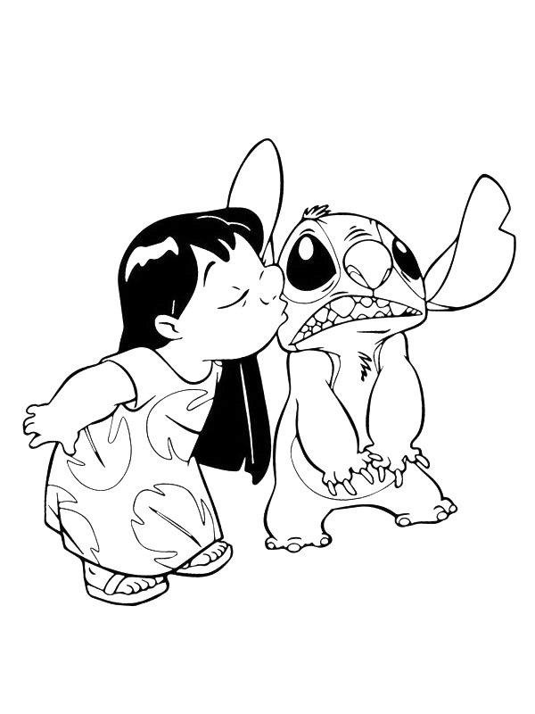 Ausmalbild Lilo gibt Stitch einen Kuss  