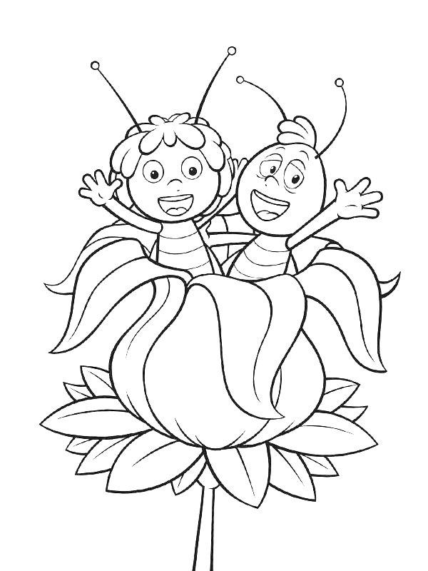 Ausmalbild Maja und Willi in einer Blume  