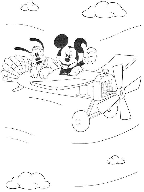 Ausmalbild Micky Maus und Pluto im Flugzeug  