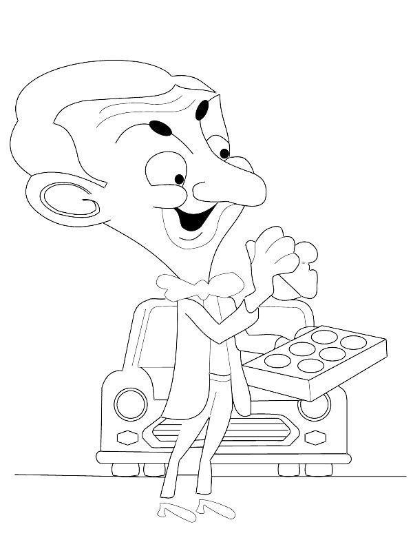 Ausmalbild Mr. Bean am Autoputzen  