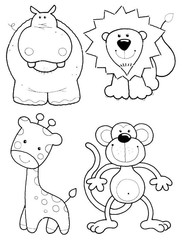 Ausmalbild Nilpferd, Löwe, Giraffe und Affe  