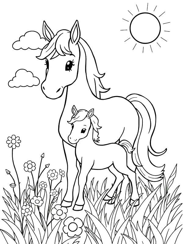 Ausmalbild Pferd mit Fohlen  
