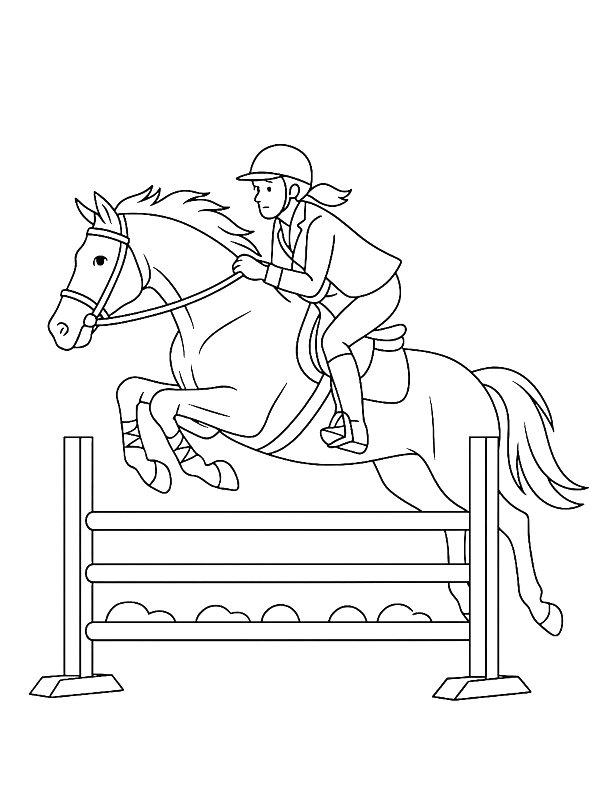 Ausmalbild Pferd und Reiter springen über einen Zaun  