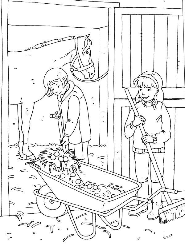 Ausmalbild Pferdestall ausmisten  