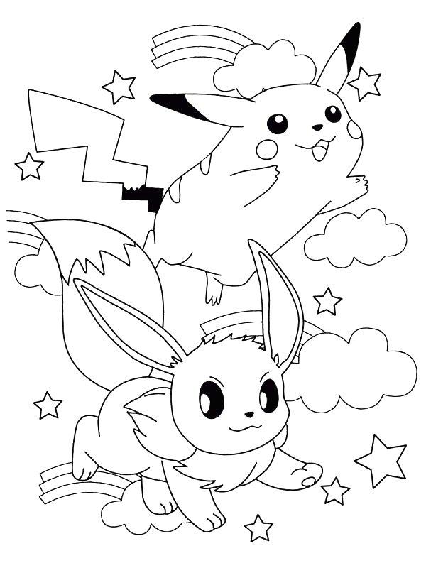 Ausmalbild Pikachu und Evoli  