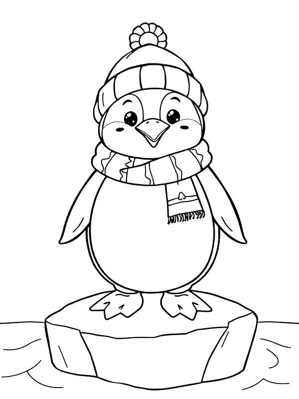 Ausmalbild Pinguin mit Mütze und Schal  