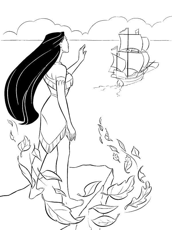 Ausmalbild Pocahontas winkt dem Schiff zu  