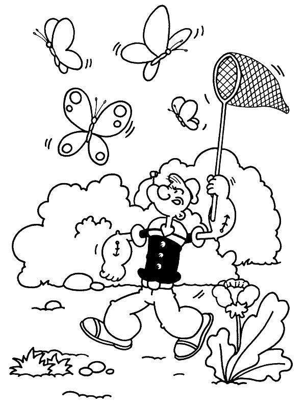 Ausmalbild Popeye fängt Schmetterlinge  