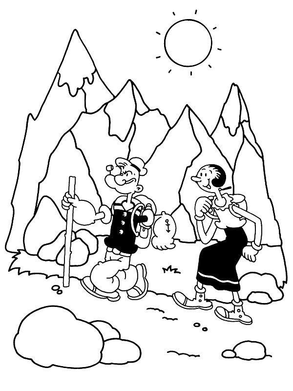 Ausmalbild Popeye und Olivia wandern durch die Berge  