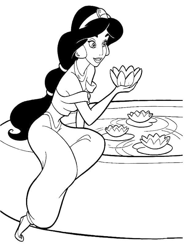 Ausmalbild Prinzessin Jasmin nimmt eine Seerose  