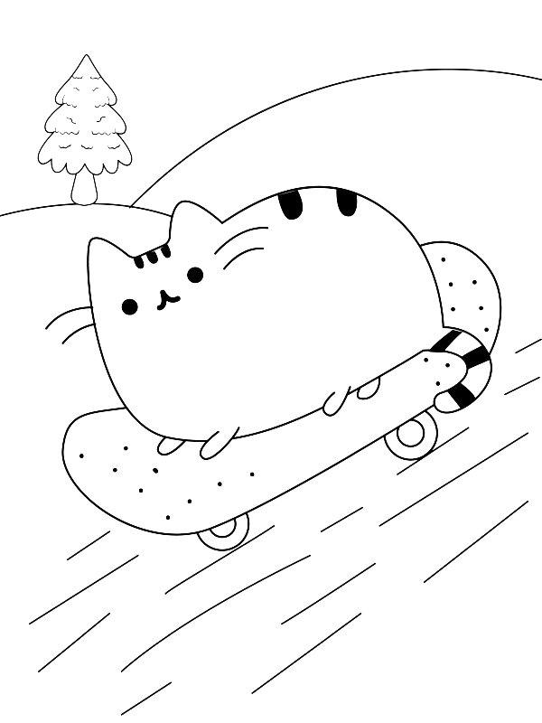 Ausmalbild Pusheen auf einem Skateboard  