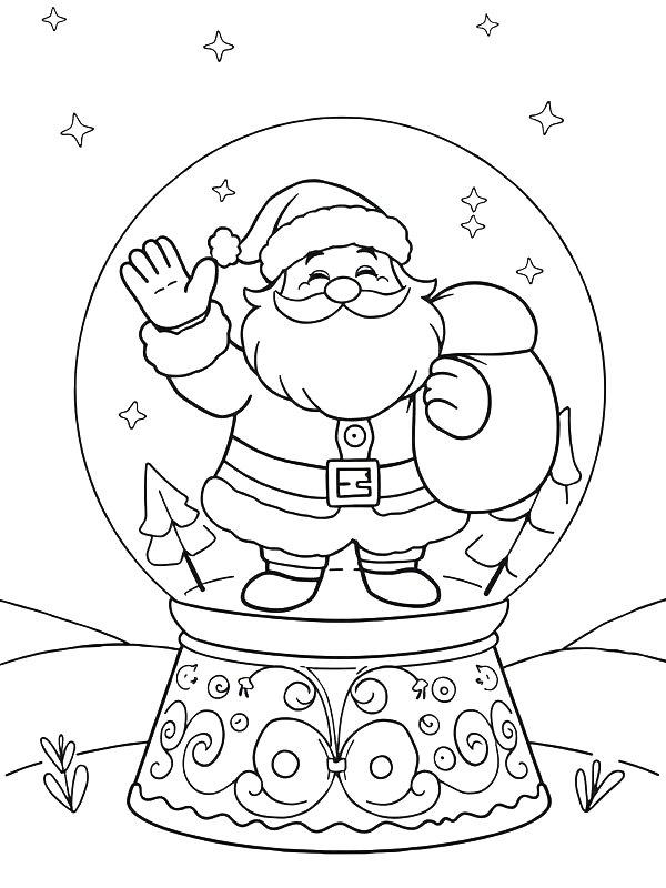 Ausmalbild Schneekugel mit Weihnachtsmann  