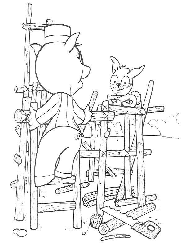 Ausmalbild Schweinchen baut ein Haus  
